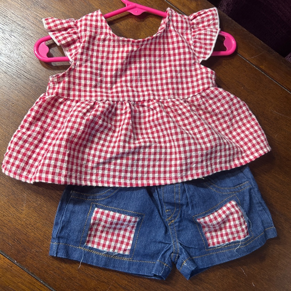 Charming Red Checkered Kids Set with Denim Shorts